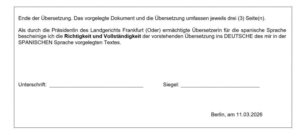 Beglaubigte Übersetzung: Der offizielle Experten-Guide 2026 1 Bestätigungsvermerk für eine beglaubigte Übersetzung, die von einer/einem in Deutschland ermächtigten Übersetzerin/Übersetzer übersetzt wurde