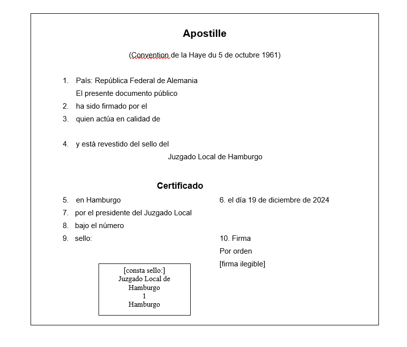 Ejemplo de traducción de una apostilla expedida por el Juzgado Local de Hamburgo.