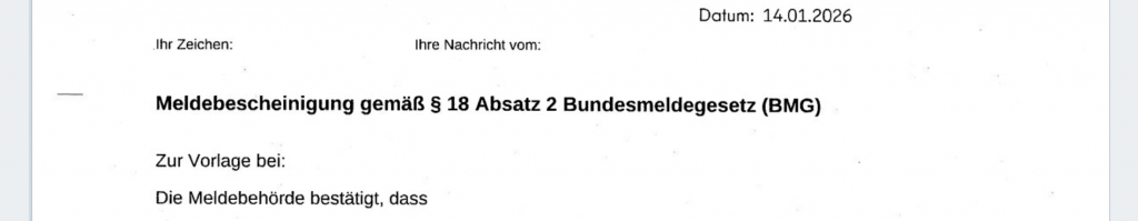 Ejemplo del encabezamiento de un Meldebescheinigung de conformidad con el art. 18, apdo. 2 de la BMG